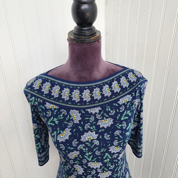 Max Studio Navy Blue Flowers Boat Neck 1/2 Sleeve Stretchy Mid Dress Stretch S - Picture 2 of 11